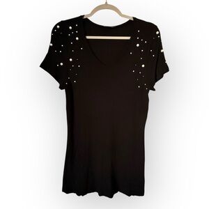 INC International Concepts Black Ribbed Top with Pearl Embellished Sleeves Sz M